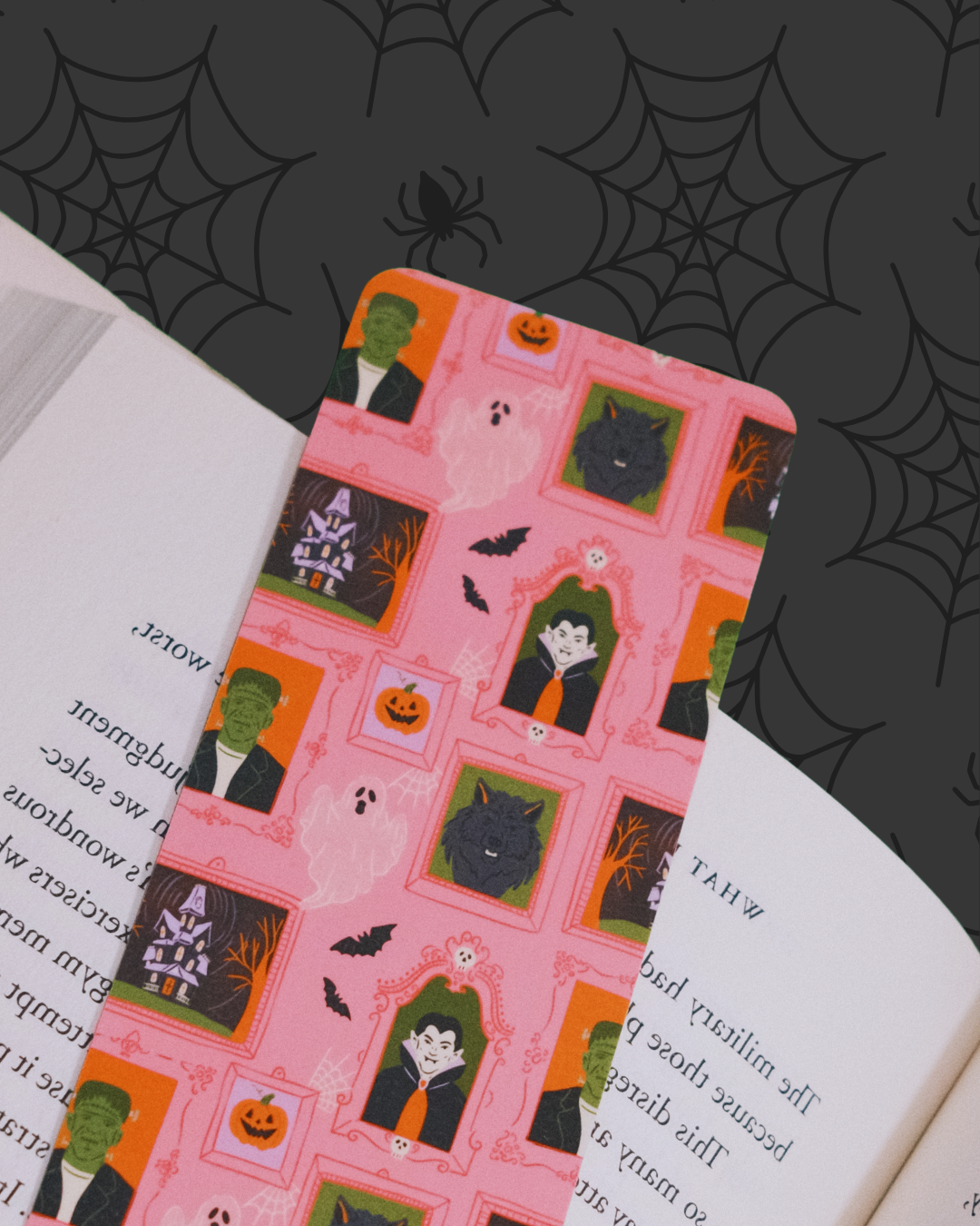 Monster Mash | Halloween Bookmark Pink | Monster Portrait Bookmark 2x6 Laminated | Vampire Frankenstein Ghost Cat | Cute Spooky Book Mark | Halloween Reading Gift