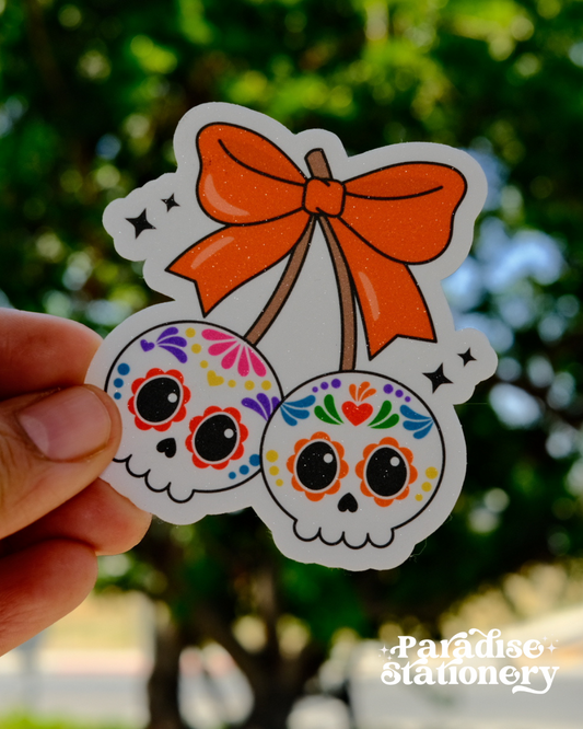 Sugar Skull Cherry Sticker - Día de los Muertos Halloween Decal with Glitter
