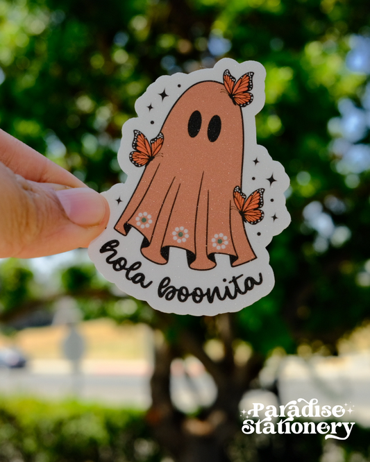Hola Boonita Ghost Sticker - Halloween Butterfly Vinyl Decal with Glitter