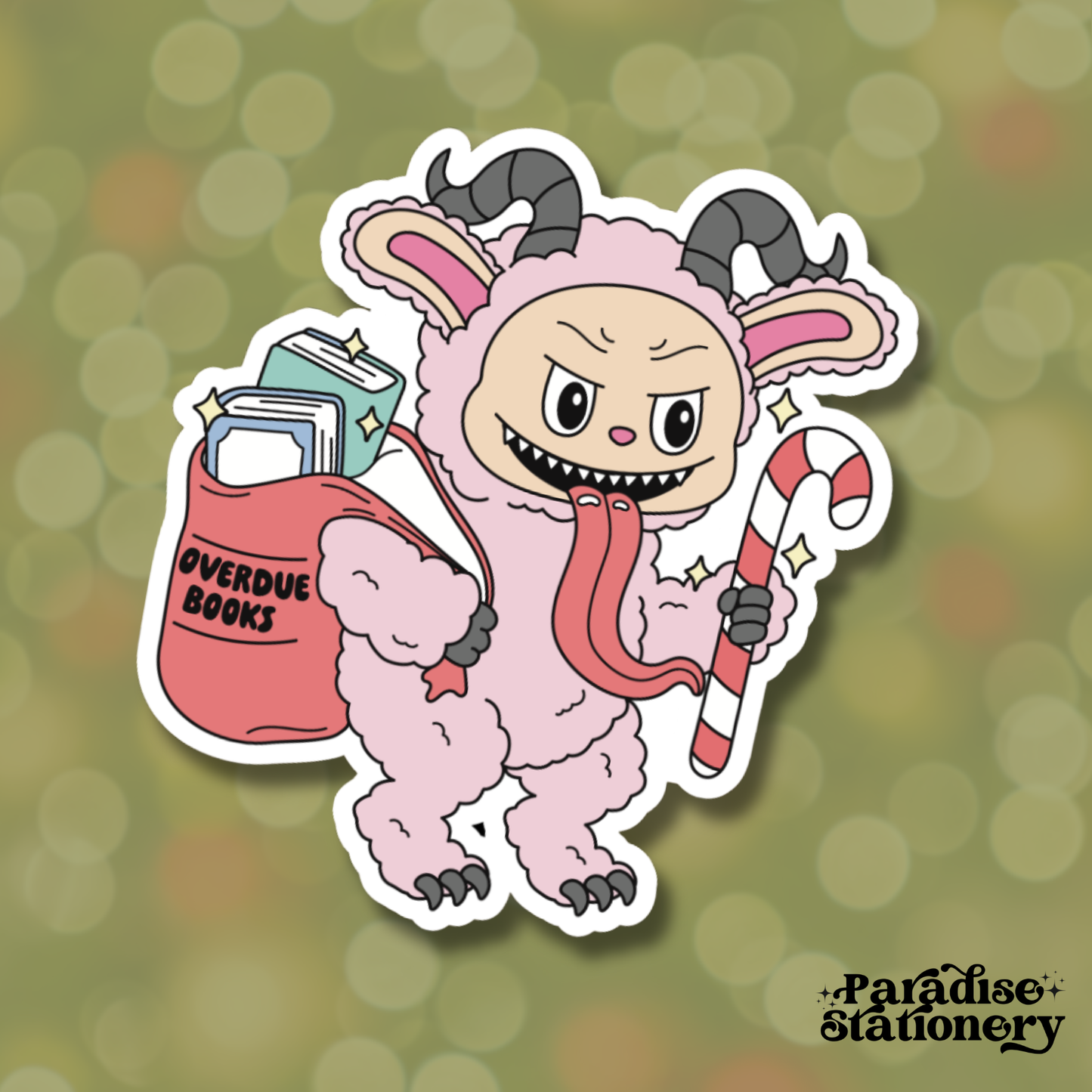 Pink Krampus Overdue Books Sticker | Cute Bookish Monster Matte Vinyl Sticker